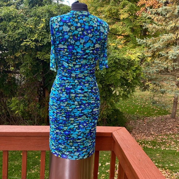 NWOT Ganni Blue Floral Ruched Blue Dress, Measurements in photos below. - Picture 3 of 11